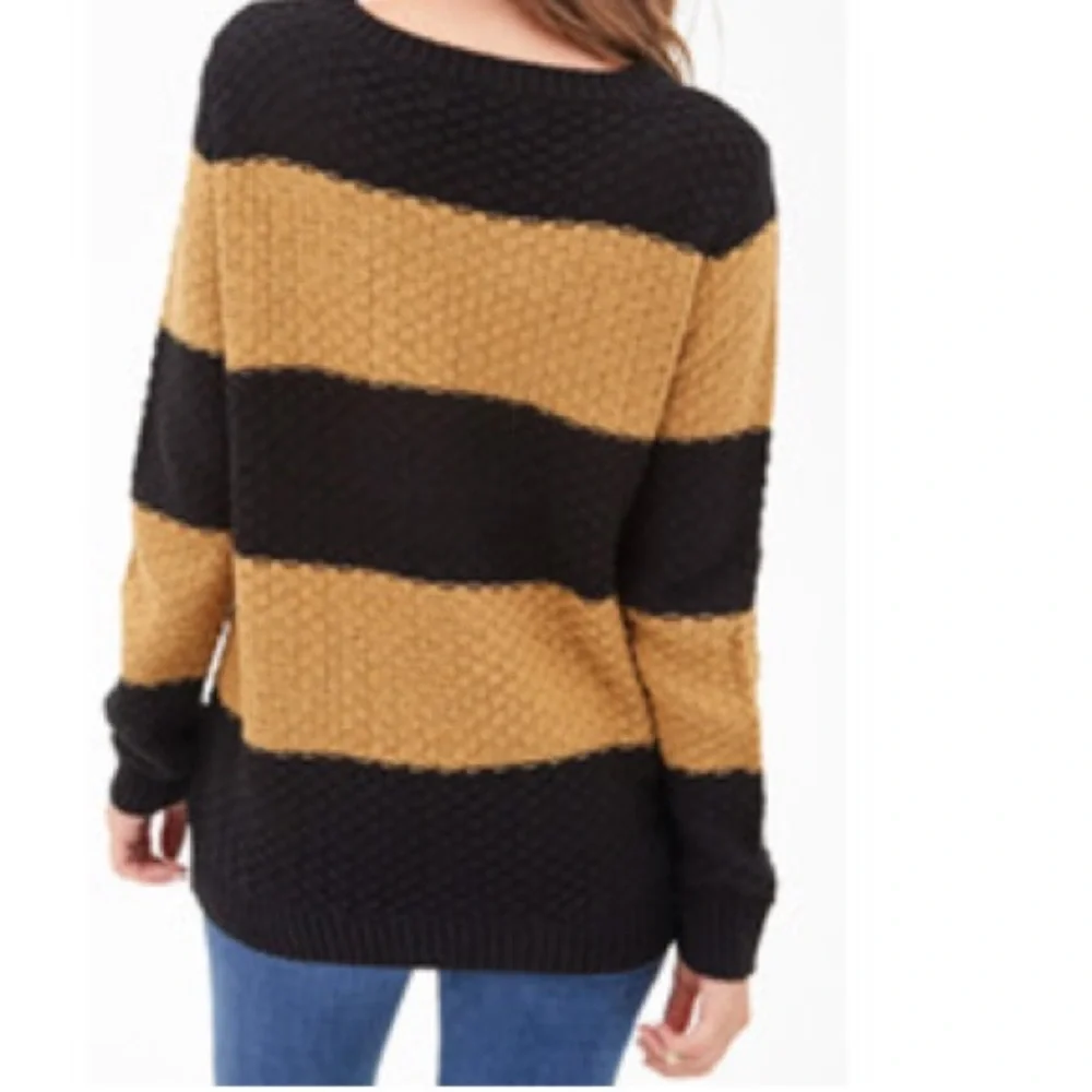 FOREVER 21 Black & Tan Striped Cable Knit Pullover Crewneck Sweater Size M - Picture 3 of 8